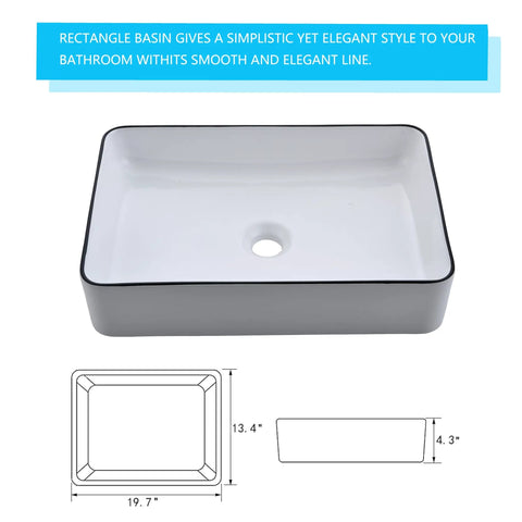 Rectangular Vessel Sink 20 By 14 Inch Above Counter White With Black Rim Premium Porcelain Ceramic Lavatory Vanity Basin