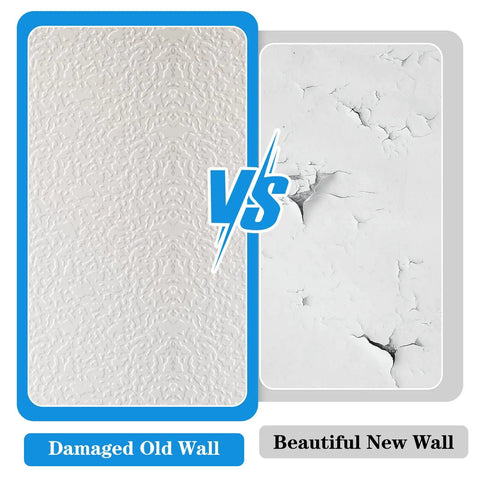 Comparison of damaged old wall and restored new wall using Six Pack Knockdown Texture Spray Stencil Kit For Drywall Repair And Plaster Walls