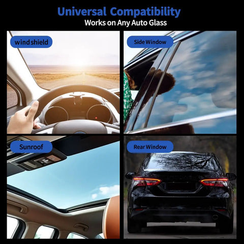 Image showing a car's windshield, side window, sunroof, and rear window, highlighting Universal Compatibility for Windshield Crack Repair Kit Pro 2025 Premium Glass Repair System With Quick Fix Resin For Chips And Cracks On Windshields Windows And Mirrors All Crack Types DIY Friendly Road Ready.