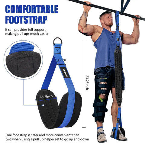 Heavy Duty Pull Up Assistance Bands Set 260lbs Resistance For Pull Ups And Strength Training With Adjustable Nylon Straps Feet Rest Door Mount Ideal For Home Workouts And Bar Attachments in use with comfortable foot strap