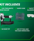 18 Gauge Brad Nailer For Trim And Furniture Finishing kit with nailer, hard case, safety glasses, no-mar tip, and tools