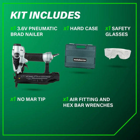 18 Gauge Brad Nailer For Trim And Furniture Finishing kit with nailer, hard case, safety glasses, no-mar tip, and tools