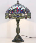 Blue Tiffany Style Dragonfly Stained Glass Table Lamp Dope Light For Bedroom Or Living Room 12 Inch Shade, Antique Green Base
