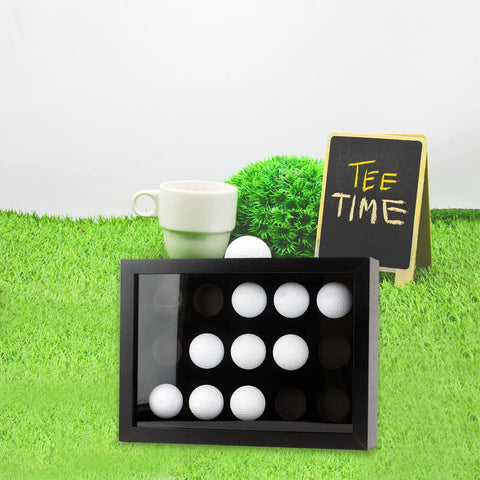 Top Notch Wood Golf Ball Display Case For 15 Balls, Wall Mount Or Freestanding Shadow Box With EVA Foam Protection in grass setting