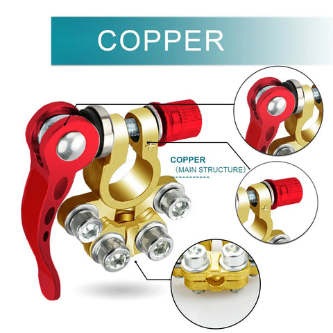 4 Way Quick Release Battery Terminal Connectors For SAE JIS Type A Posts, copper, multi wire, close-up view