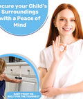 Woman showing approval gesture, child trying Adhesive Child Safety Strap Locks For Cabinets, adjustable, no drilling required
