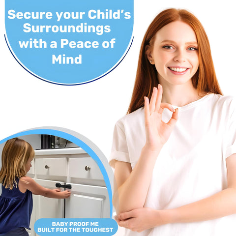 Woman showing approval gesture, child trying Adhesive Child Safety Strap Locks For Cabinets, adjustable, no drilling required