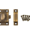 Top Shelf Antique Brass Cabinet Door Latch With Classic Oval Turn Spring Loaded Cupboard Hardware Heavy Duty Brass Vintage Catch, includes latch, strike, and screws.