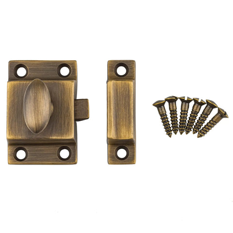 Top Shelf Antique Brass Cabinet Door Latch With Classic Oval Turn Spring Loaded Cupboard Hardware Heavy Duty Brass Vintage Catch, includes latch, strike, and screws.