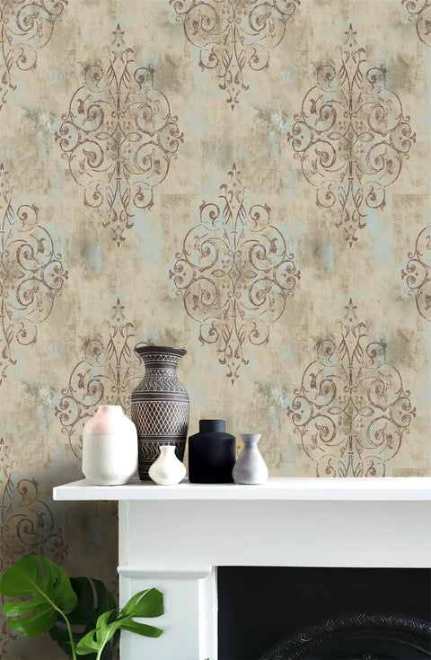 Peel And Stick Vintage French Damask Wallpaper Vinyl Self Adhesive For Walls Bedroom And Bathroom Decor Deep Yellow Mist Blue Brown