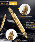 Premium 13 Piece Screw Extractor Set For Damaged Stripped Screws With HSS 6542 Titanium Gold Coated Bits Two In One Easy Out Kit For Rust Resistant Removal Of Stubborn Fasteners Used By DIYers And Pros, featuring close-up of HSS 6542 extractor and drill bit on black surface.