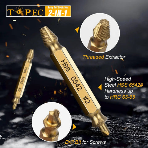 Premium 13 Piece Screw Extractor Set For Damaged Stripped Screws With HSS 6542 Titanium Gold Coated Bits Two In One Easy Out Kit For Rust Resistant Removal Of Stubborn Fasteners Used By DIYers And Pros, featuring close-up of HSS 6542 extractor and drill bit on black surface.