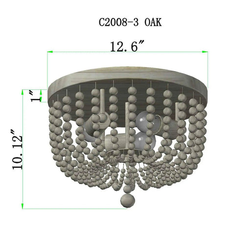 Wood Beaded Chandelier 3 Light Semi Flush Mount Boho Farmhouse Ceiling Light In Oak White Finish with cascading beads