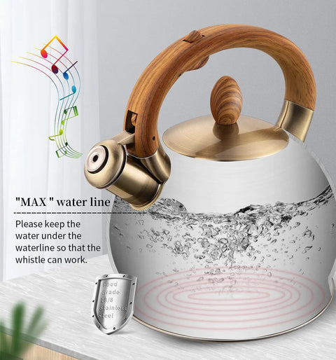 Induction Ready Whistling Tea Kettle And Teapot, 2.64 Qt Stainless Steel With Cool Touch Ergonomic Handle, Polished Black, Food Grade Safe