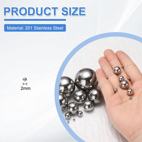 G100 Grade 2mm Stainless Steel Precision Balls 1000 Pack in hand showcasing various sizes and slick wear resistant surface.