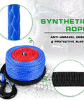 Beefy Synthetic Winch Rope 3/8 Inch By 100 Feet With Protective Sleeve And Heavy Duty Hook, blue rope detail and black sleeve.