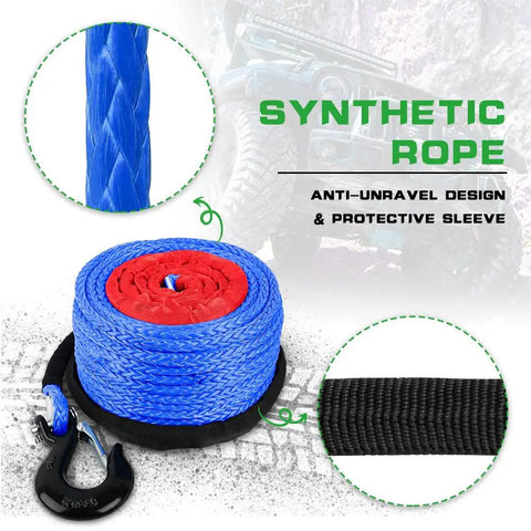 Beefy Synthetic Winch Rope 3/8 Inch By 100 Feet With Protective Sleeve And Heavy Duty Hook, blue rope detail and black sleeve.