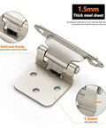 Close-up of 60 Pack Cabinet Hinges 30 Pairs One Half Inch Overlay Semi Concealed Face Mount Self Closing, satin nickel kitchen hardware.