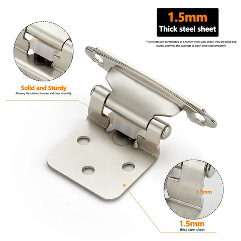 Close-up of 60 Pack Cabinet Hinges 30 Pairs One Half Inch Overlay Semi Concealed Face Mount Self Closing, satin nickel kitchen hardware.