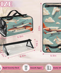 Airplane Themed Travel Makeup Bag Hanging Roll Up Organizer for Women with airplane print, removable compartments, and dimensions