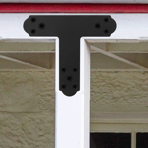 Black T Bracket Set For Wood And Steel, Post To Beam Connectors mounted on wooden structure, 6 Pcs Flat T Plate Brackets with Screws