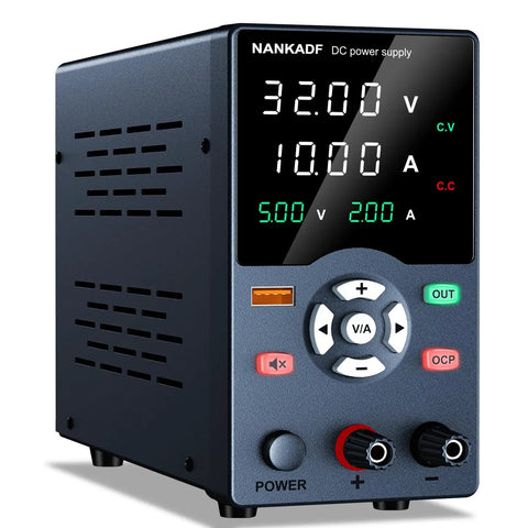 Variable 30V 10A Bench Power Supply With USB Fast Charging Port And Output Current Display front view