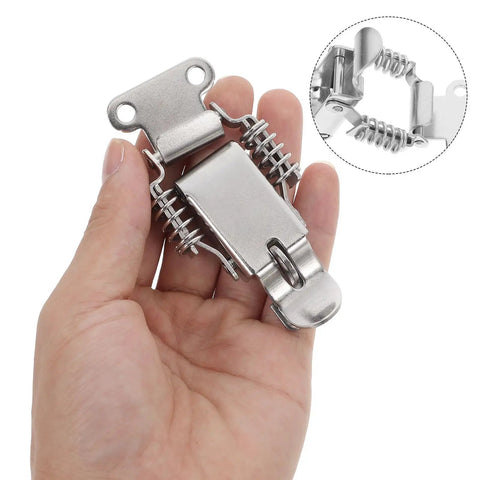 Hand holding Beefy Stainless Steel Spring Toggle Latch With Lock Hole Heavy Duty Toolbox Draw Latch Clamp For Industrial Cases Boat Lid Hardware