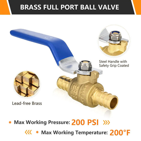 Three Quarter Inch Brass PEX Ball Valve With Quarter Turn Shutoff Lead Free NSF ANSI 61 And ASTM F1807 Certified Works With Copper Crimp Rings And Stainless Clamp Systems Durable Home Plumbing Valve, blue handle