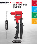 Heavy-Duty One-Handed Pop Rivet Gun For Quick Metal Fabric Leather And Auto Repairs with multiple color-coded rivet heads.