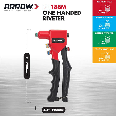 Heavy-Duty One-Handed Pop Rivet Gun For Quick Metal Fabric Leather And Auto Repairs with multiple color-coded rivet heads.