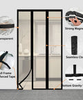 Diagram showing Magnetic Insulated Door Curtain with self-closing, strong magnets, seamless close, gravity sticks, fits doors up to 72x80.