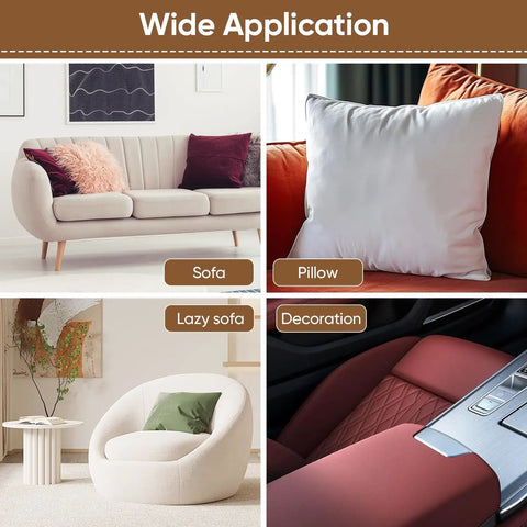 Self Adhesive Couch Patch Repair Fabric Kit With Six Patches For Sofa And Chair Upholstery And Car Seats Quick Fix Durable Elastic Backing Covers Wear Instantly Dark Brown shown applied on sofa, pillow, and car seat.