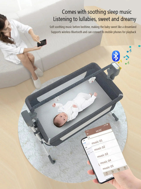 Smart Electric Baby Bedside Crib And Bluetooth Bassinet For Room Sharing With Automated Remote Control Smooth Swaying Motion And Built In Lullabies For A No Sweat Parenting Vibe Pink with soothing music and Bluetooth connection.