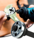 Pro Grade 15 Piece Drill To Grinder Converter Kit For Polishing Metal Cutting Tile Slicing And Rust Removal From Any Drill Reinforced Nylon Drill Arbor Mandrel With Flange Nuts And Wrench Included in use, close-up view.