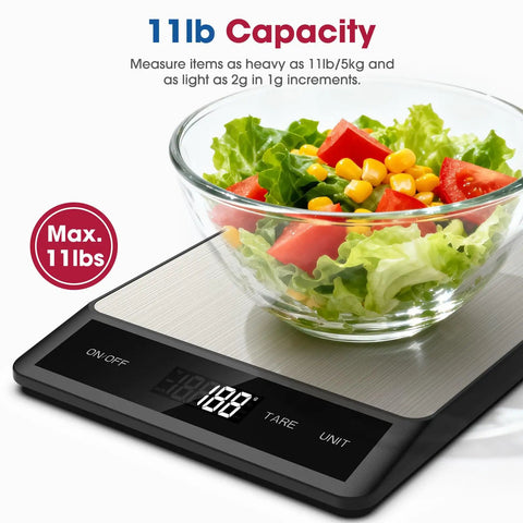 Digital Kitchen Scale For Cooking And Baking With 11lb Capacity Tare Function And LCD Display Stainless Steel Platform shown with salad bowl