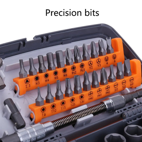 Two Way Ratchet Screwdriver Hand Tool Set with various precision bits in plastic toolbox storage case