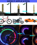 4 Pack LED Bike Wheel Valve Cap Lights Waterproof Tire Valve Stems Flashy Lights For Cars Bicycles And Motorcycles Night Safety Reflectors Spoke Accessories For Men Women Kids installed on different vehicles