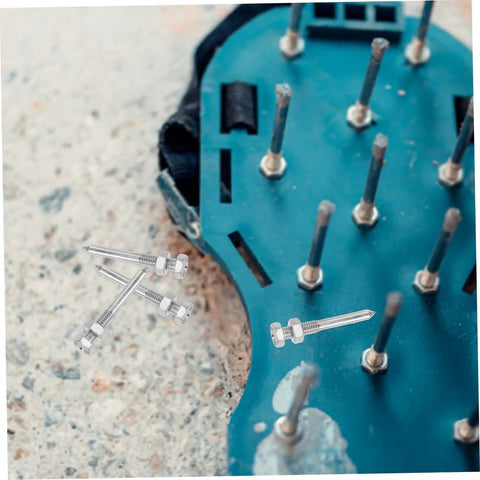 Close-up of 20 Pcs Lawn Aerator Shoe Spikes for Grass Aeration with Secure Fit attached to a shoe, metal construction visible.