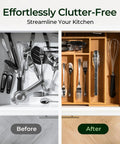 Before and after of kitchen drawer with Carbonized Bamboo Expandable Kitchen Drawer Organizer, 13 To 19.6 Inches Wide, 10 Slot Silverware Tray With Removable Dividers, Utensil Holder And Cutlery Organizer, 2.2 Inch Depth, Non Slip Feet For Stable Gap Free Storage.
