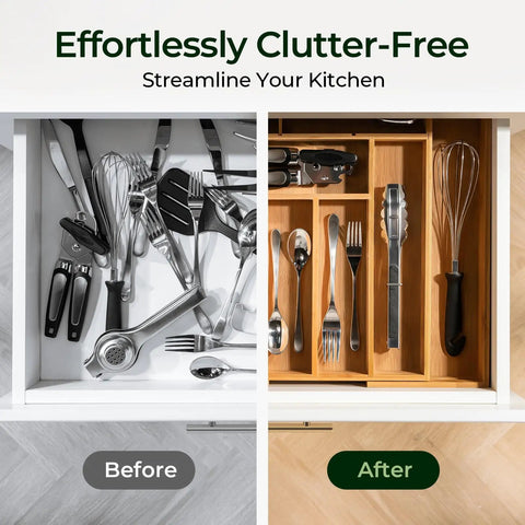 Before and after of kitchen drawer with Carbonized Bamboo Expandable Kitchen Drawer Organizer, 13 To 19.6 Inches Wide, 10 Slot Silverware Tray With Removable Dividers, Utensil Holder And Cutlery Organizer, 2.2 Inch Depth, Non Slip Feet For Stable Gap Free Storage.
