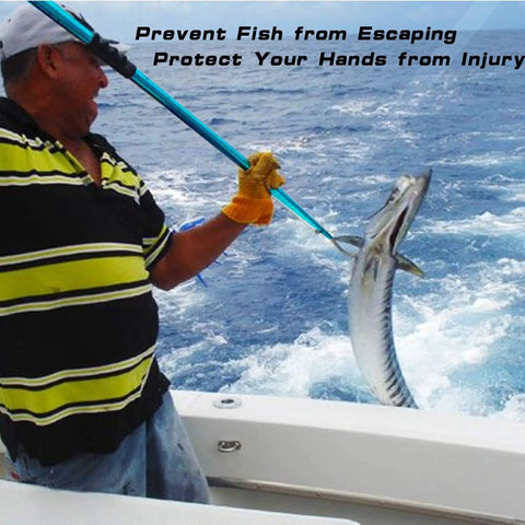 Angler using Telescopic Gaff For Saltwater Fishing With Stainless Steel Hook Spear Tip Aluminum Alloy Pole And Soft Rubber Handle Offshore Tackle Tool For Heavy Duty Catch to secure fish on boat deck.