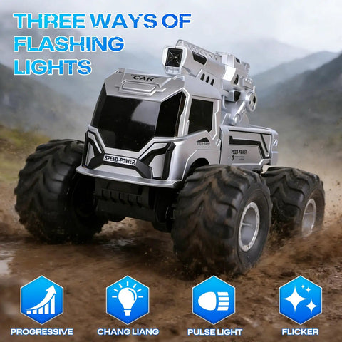 1:18 Amphibious RC Monster Car For Kids, 4WD Waterproof All Terrain Off Road Boat Stunt Vehicle with flashing lights on dirt