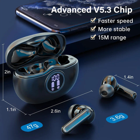 Wireless Earbuds With LED Power Display And 50 Hour Playtime Bluetooth 5.3 HiFi Stereo Earphones ENC Noise Cancellation IPX7 Waterproof