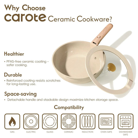 25 Piece Ceramic Cookware Set With Removable Handles, Nonstick Pots And Pans, shown with PFAS-free coating and detachable handle