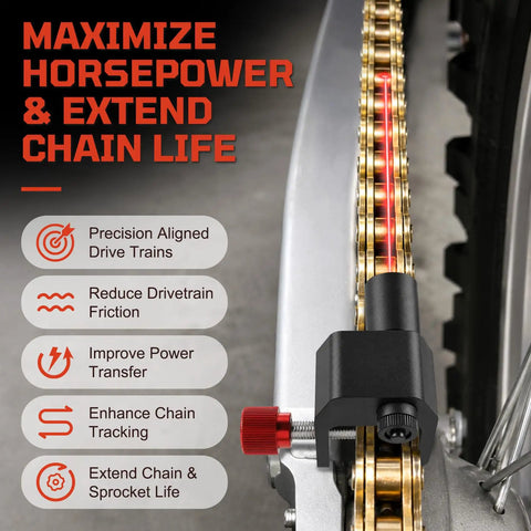 Laser Chain Alignment Tool For Motorcycles ATVs Dirt Bikes And Go Karts Dead On 1mm Sprocket Alignment demonstrating laser use