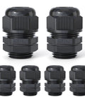 Six Pack Three Quarter Inch NPT Cable Glands IP68 Waterproof Nylon PA66 With Sealing Gaskets For Indoor And Outdoor Enclosures High Quality Industrial Grade Build UL Listed, six black glands