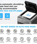 Two In One 300 Sheet Auto Feed Paper Shredder With 12 Sheet Manual Slot Built Like A Workhorse Commercial Grade Heavy Duty Micro Cut Shredder P4 Security Level 58dB Ultra Quiet For Office Or Home Use showing main features and specifications, including paper compatibility and items not to shred.