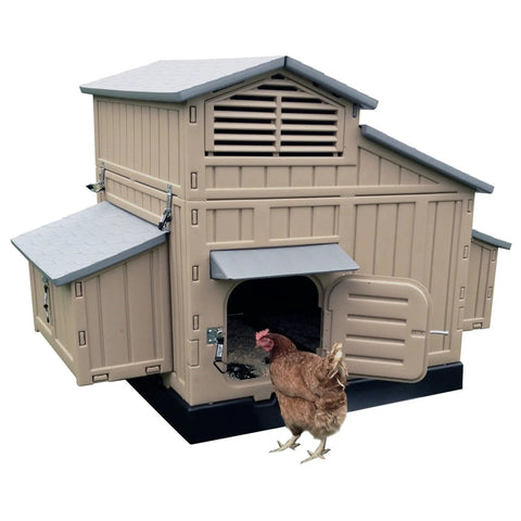 Snap Lock Large Chicken Coop For Backyards, Your Feathered Crew Hangout, Spacious Hen House For Four To Six Chickens Or Six To Twelve Bantams, Four Nesting Spots With Removable Dividers, Three 36 Inch Roosts, Durable Plastic Construction, shown with a brown chicken at the entrance.