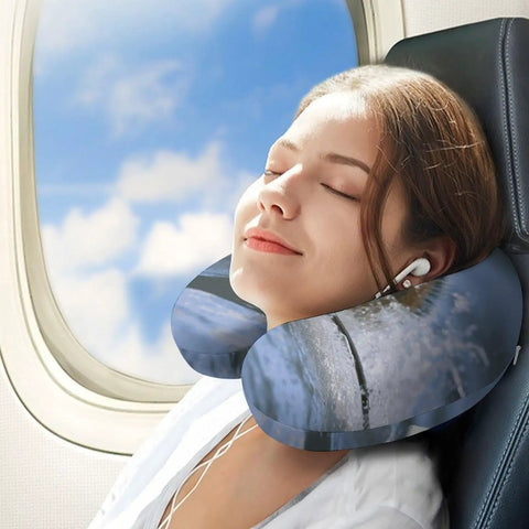 Woman using Ultra Comfy U Shaped Travel Neck Pillow For Flights And Long Hauls, Ergonomic Memory Foam Neck Support, in airplane seat