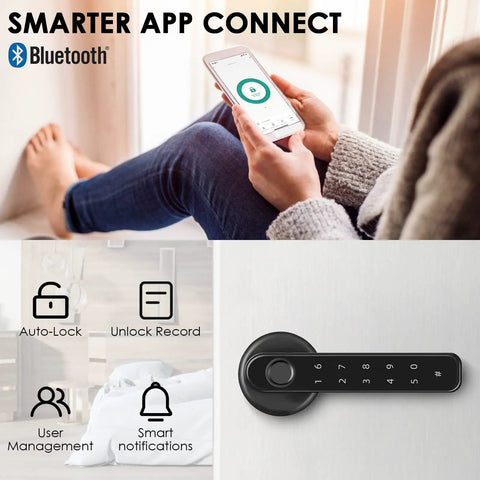 Smart Biometric Door Lock With Keypad And App 4 In 1 No Key Needed Keyless Entry with app and icons for features.